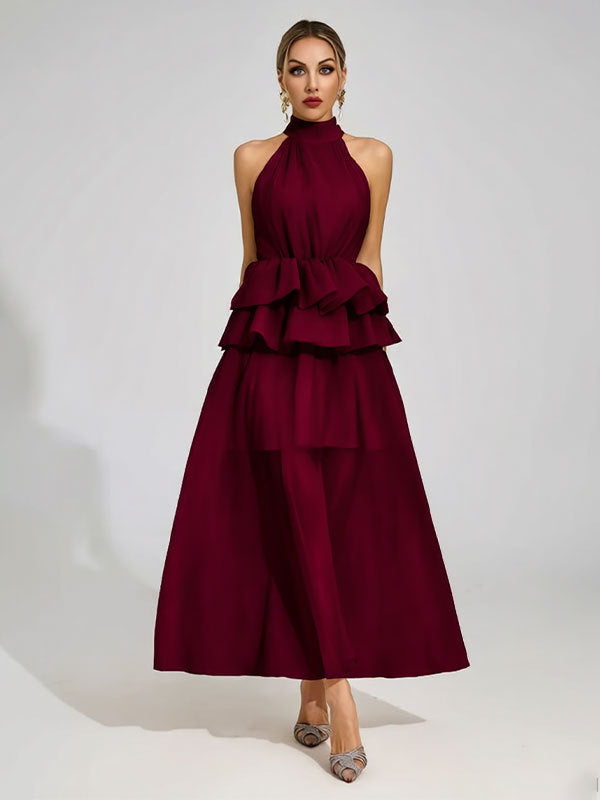 Vloeiende trouwjurk met ruches en een halterhalslijn