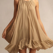 Casual vakantiestijl lichtbruine chiffon mini-jurk met ronde hals