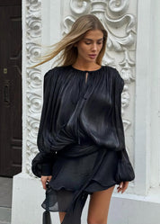 Zwarte Geplisseerde Mini jurk met Parelknopen