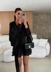 Zwarte Geplisseerde Mini jurk met Parelknopen