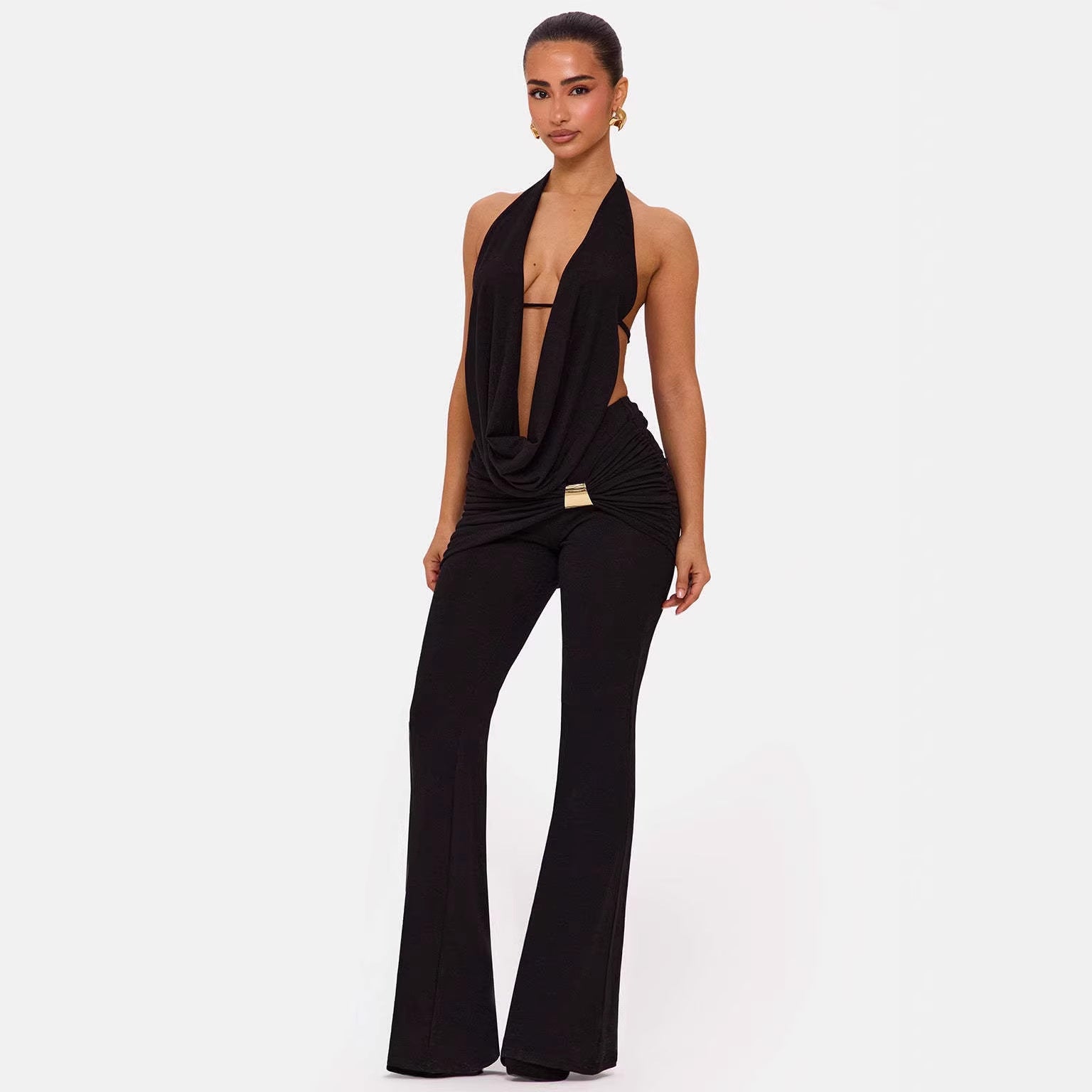 Effen Halter V-hals Set Voor Een Chique Elegante