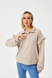 Casual sweatshirt met ruches en halve ritssluiting voor dames