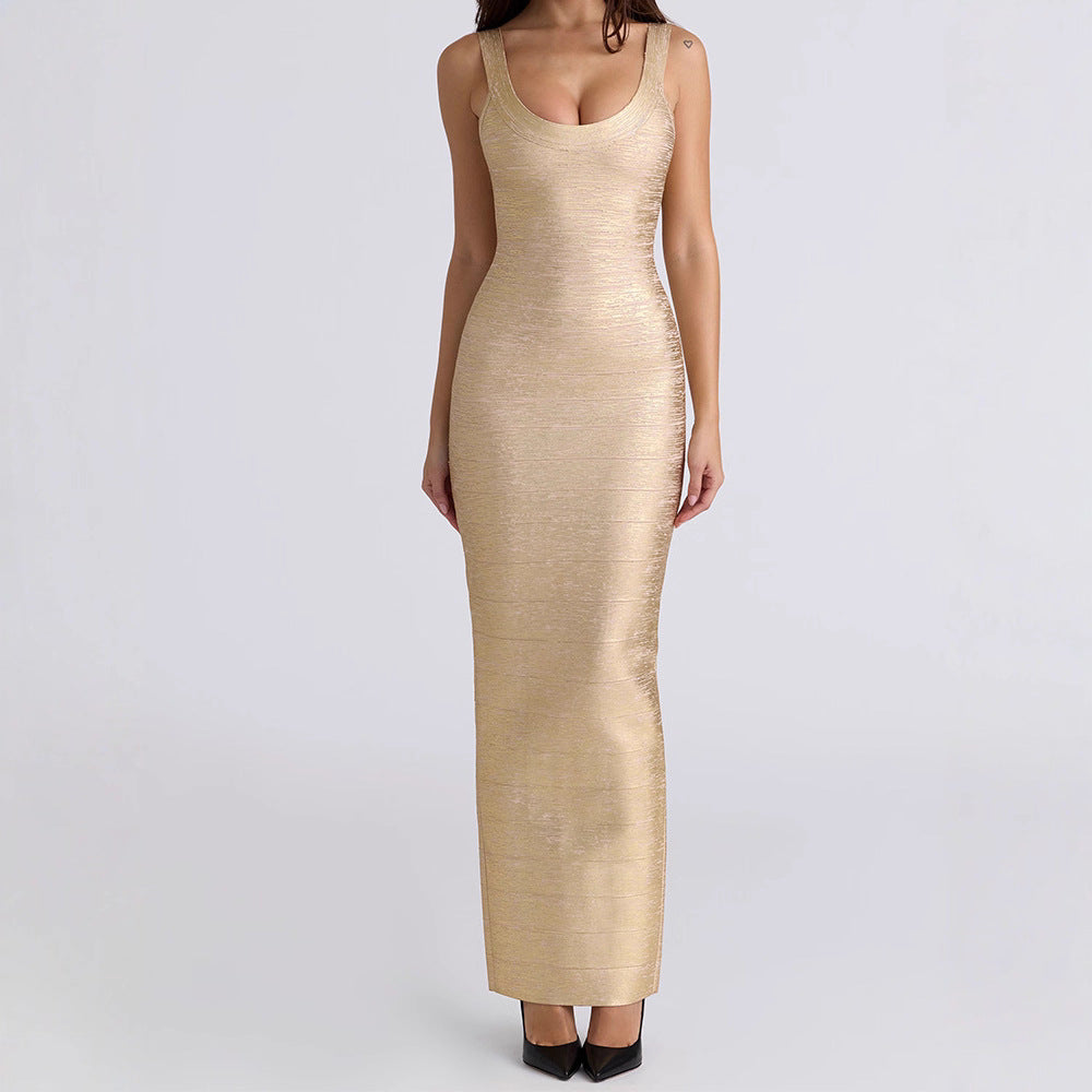 Retro Sheath Maxi Dress met Open Rug en Gouden Glans