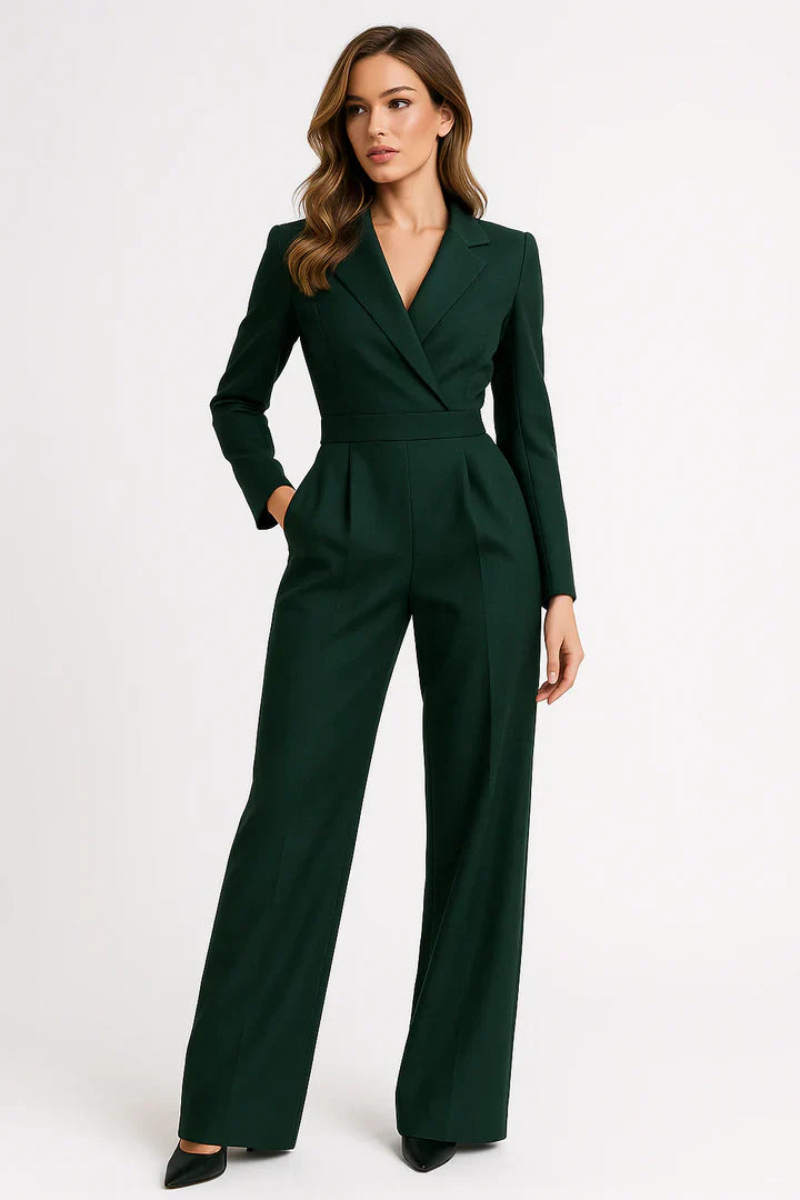 Luxe Blazer Jumpsuit met V-hals en Wide-leg Pasvorm